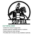 Barrel racing cut metal sign shown with product feature information and a horse-and-rider design