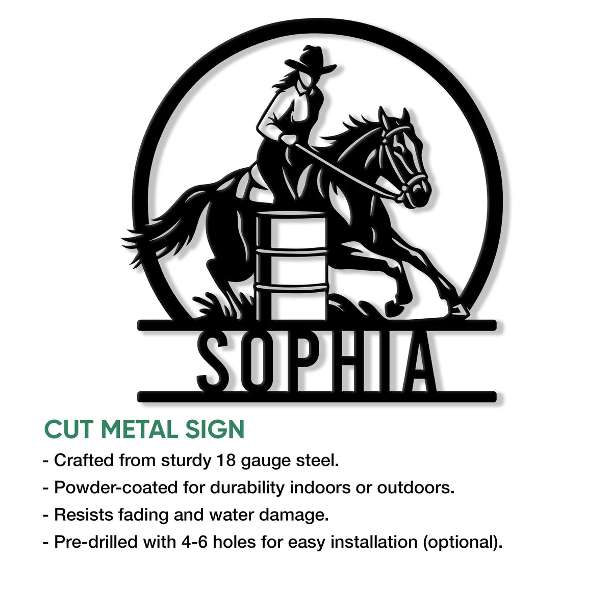 Barrel racing cut metal sign shown with product feature information and a horse-and-rider design