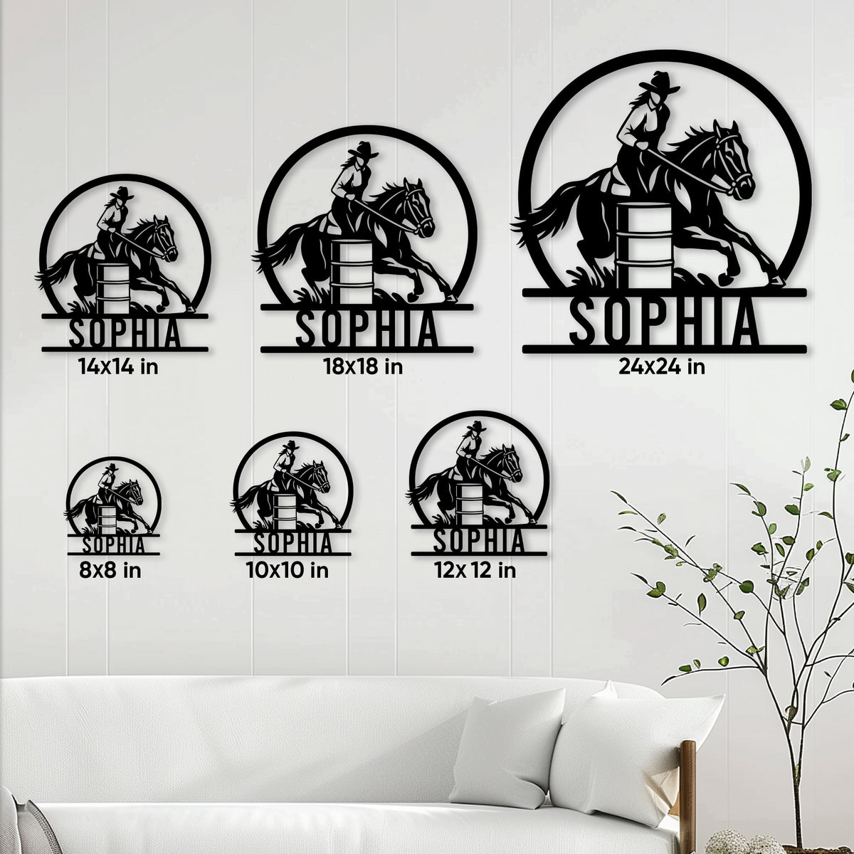 Barrel racing metal sign size guide showing six available square size options in a home interior
