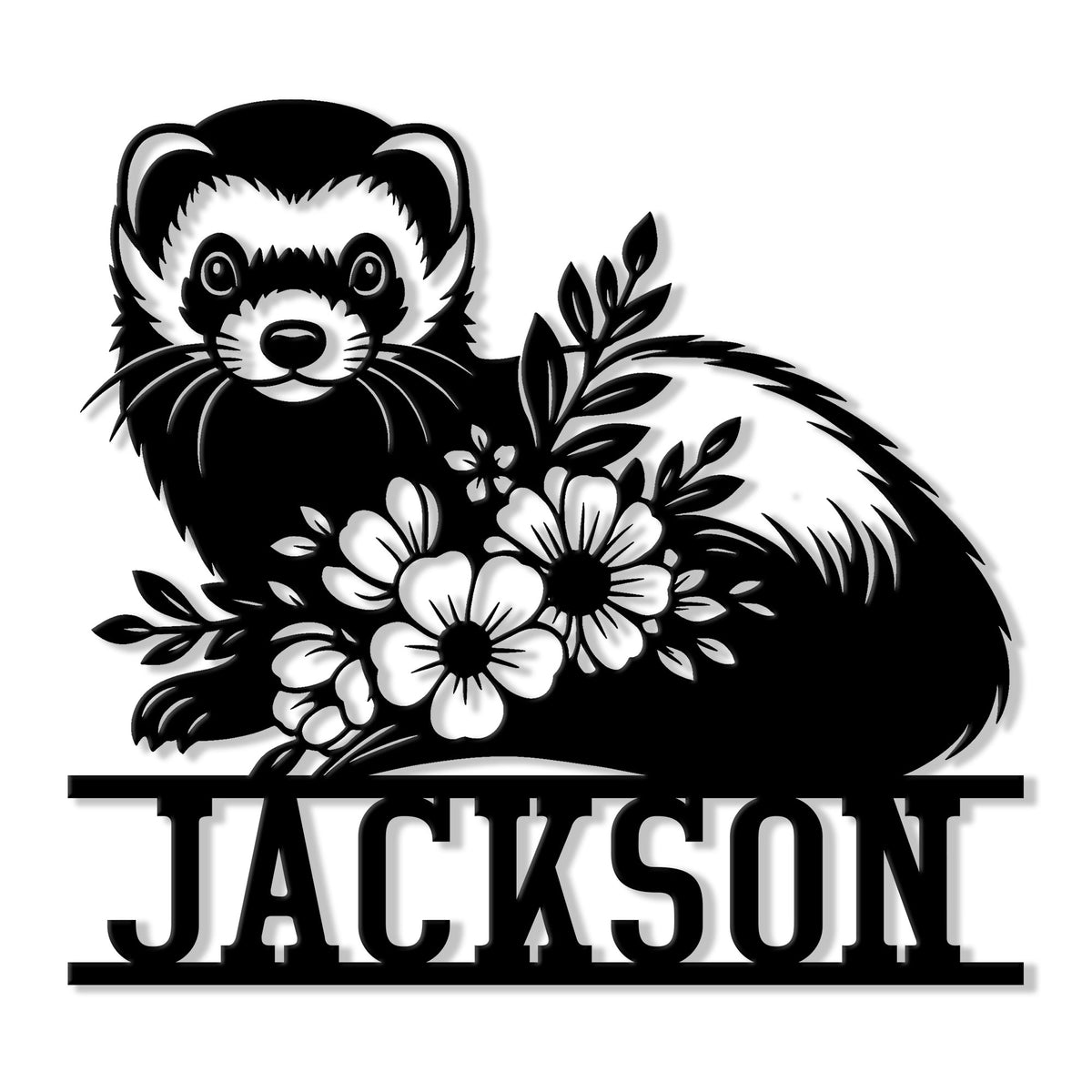 Custom ferret metal sign featuring a curled ferret surrounded by flowers and leafy botanical accents
