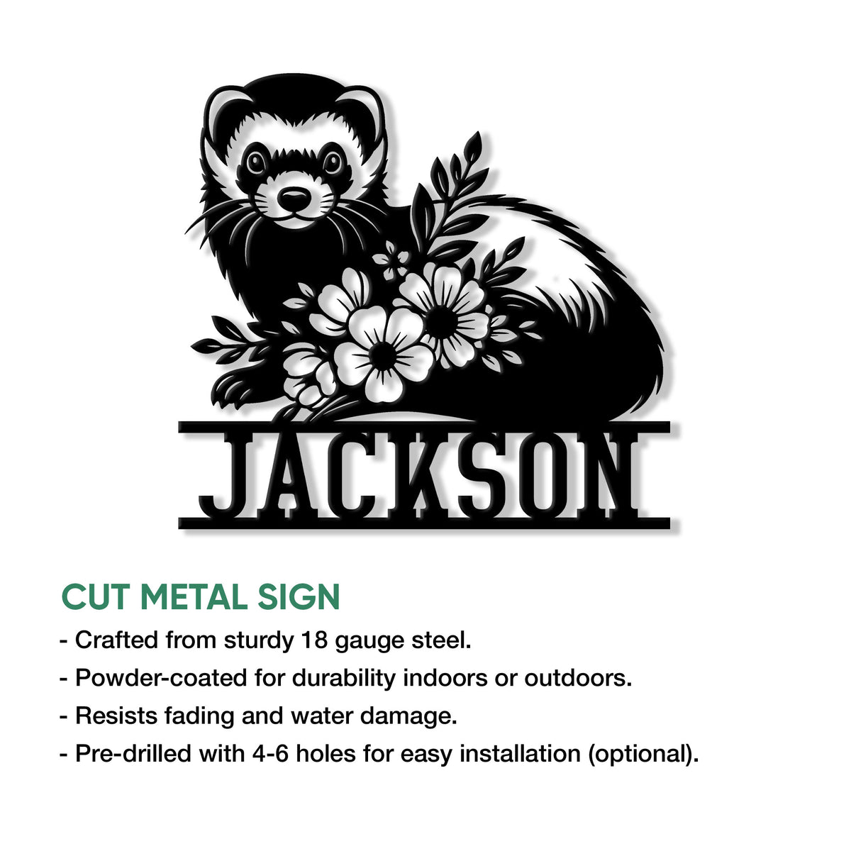 Floral ferret cut metal sign shown as a black silhouette wall decor design