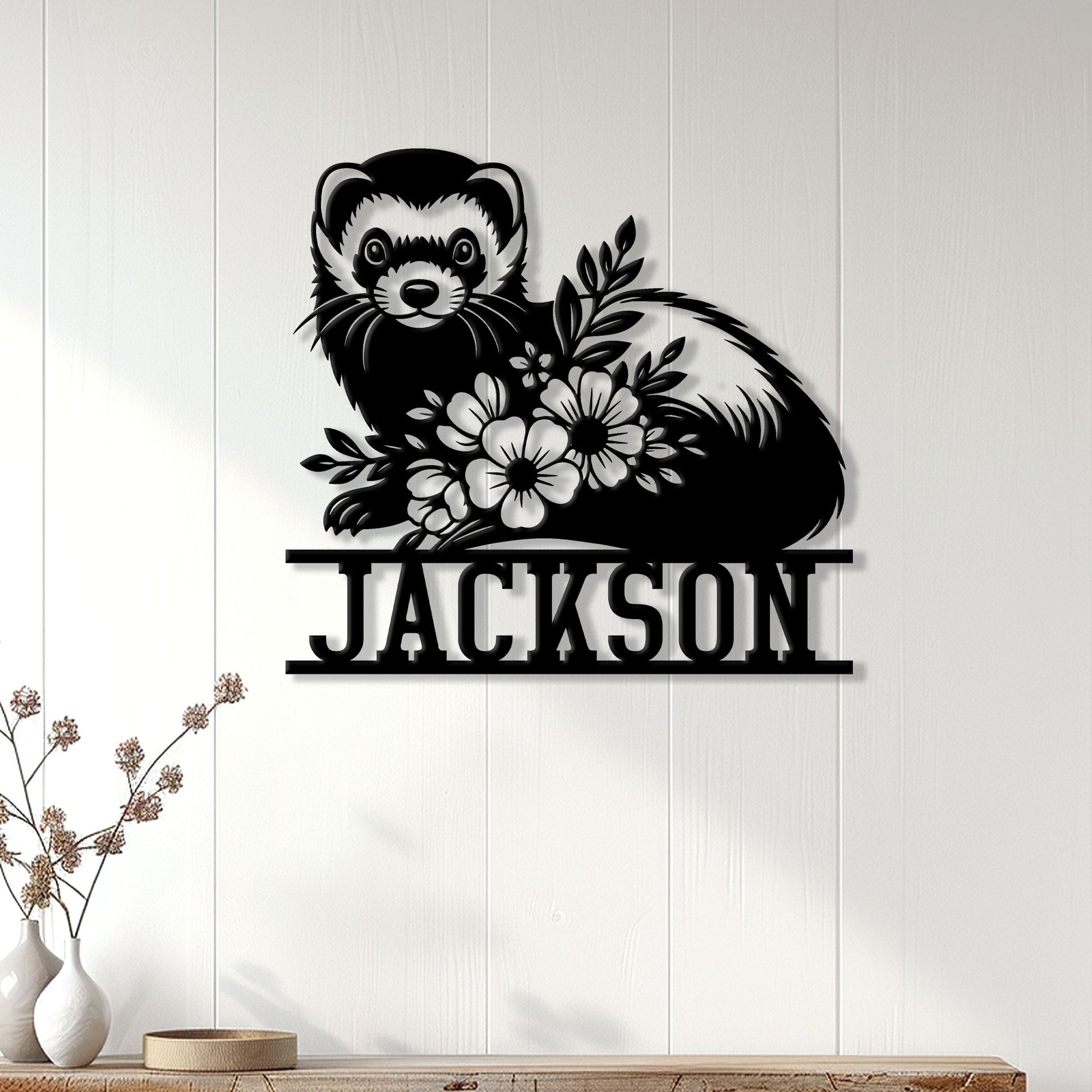 Ferret metal wall sign displayed on a light paneled wall above a console table