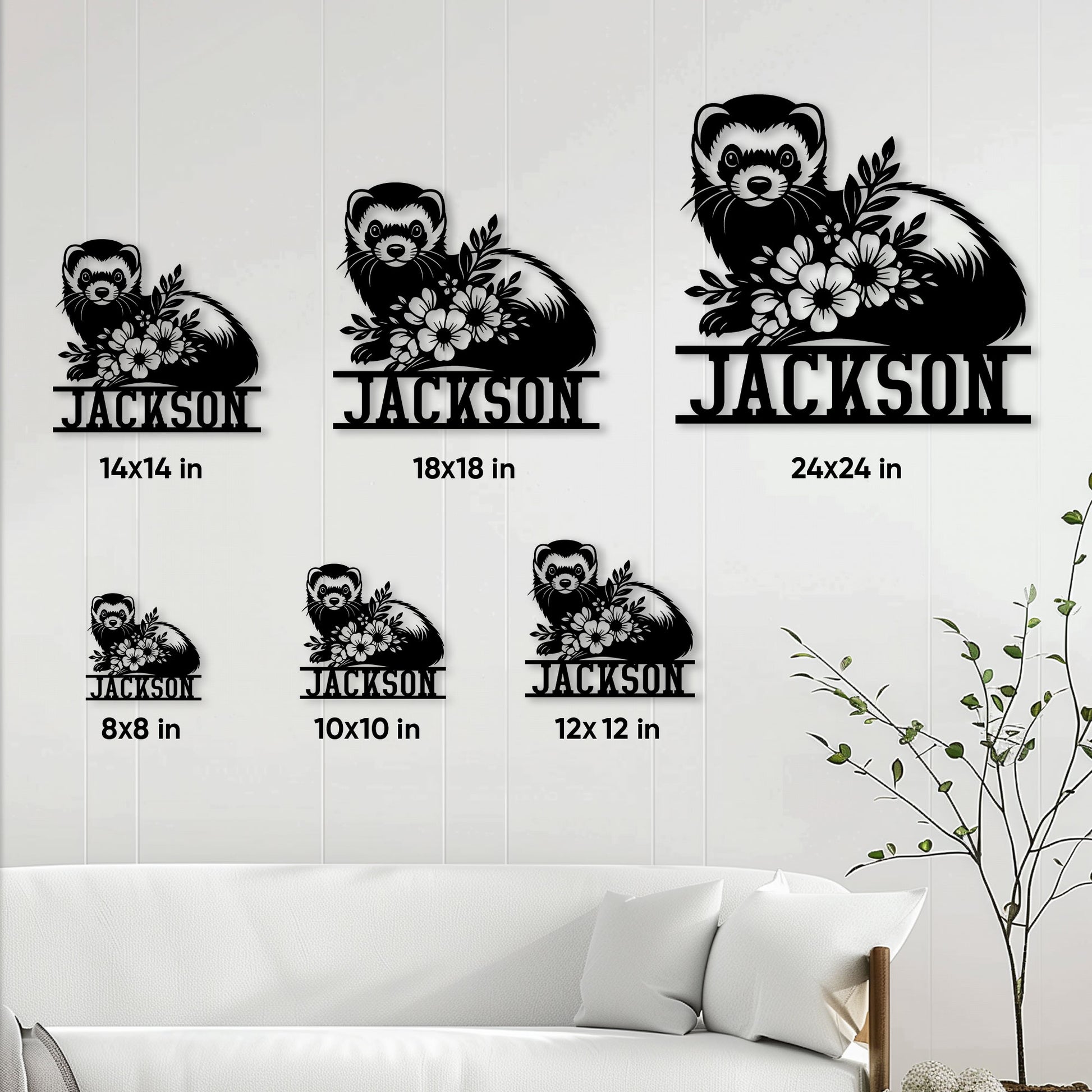 Ferret metal sign size guide showing several available dimensions in a home decor setting