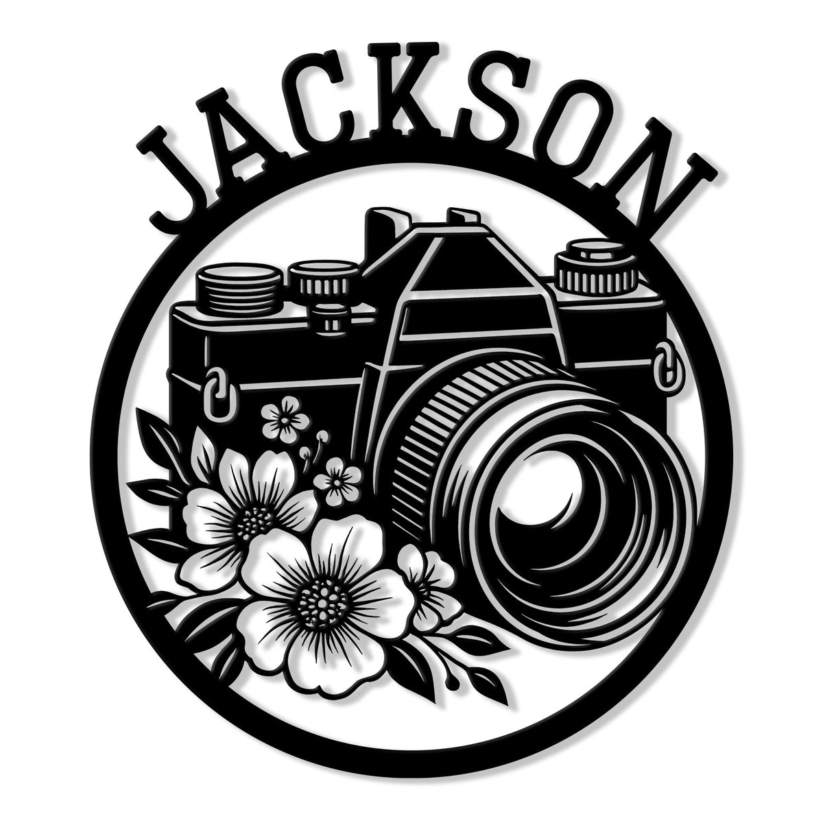 Custom photographer metal sign featuring a vintage camera with a floral wreath in bold black artwork