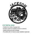 Photographer camera metal sign shown with a cut-metal construction and installation feature details