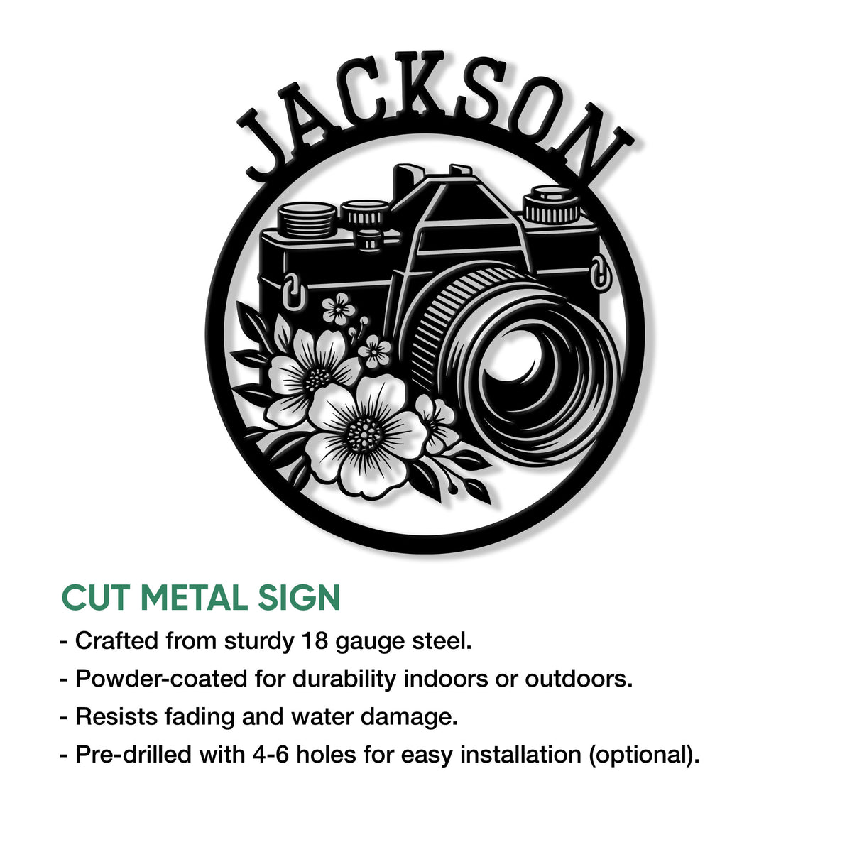 Photographer camera metal sign shown with a cut-metal construction and installation feature details