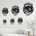 Photographer camera sign size guide showing multiple square size options in a living room setting