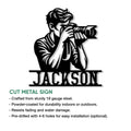 Photographer metal sign product feature graphic showing the camera silhouette and cut metal sign details