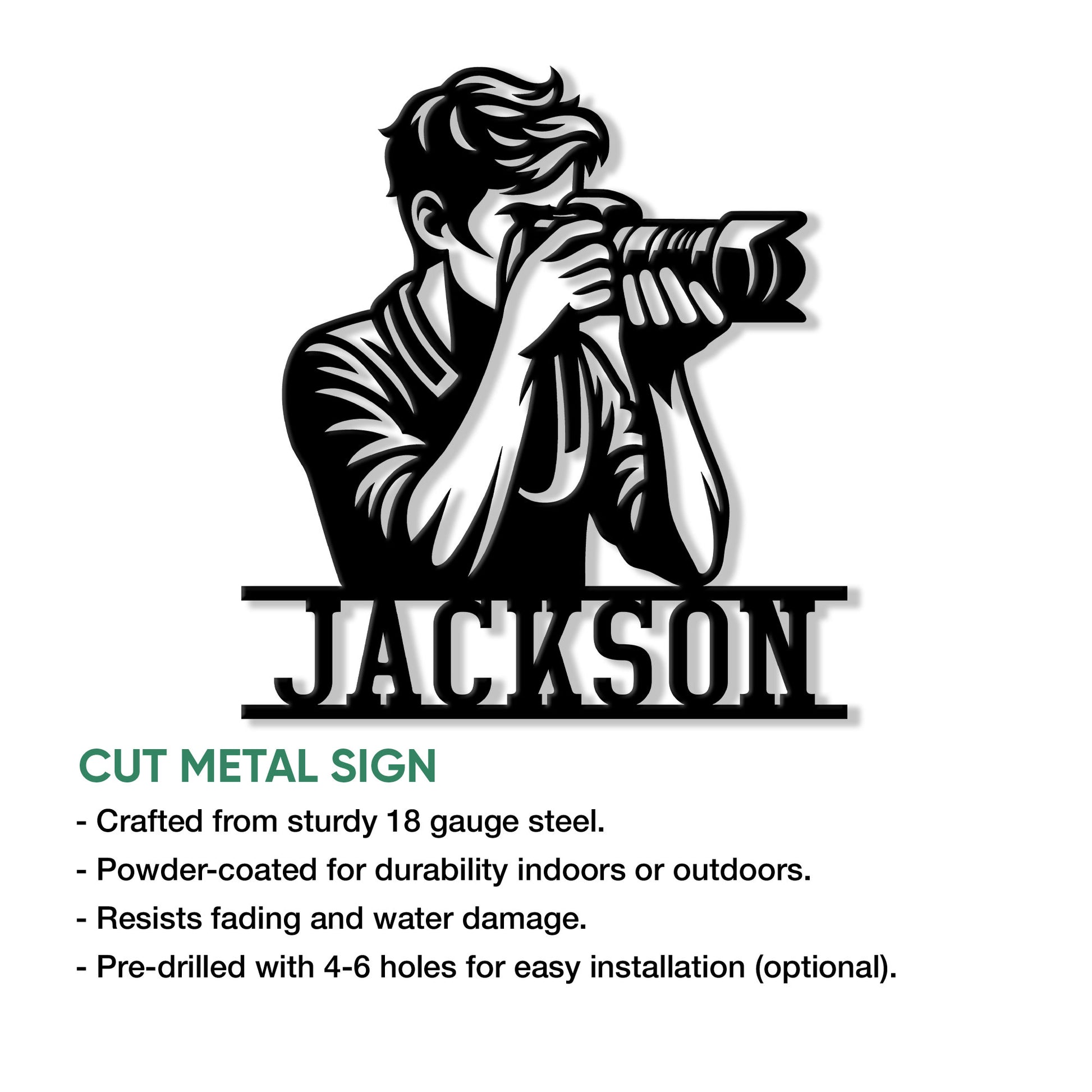 Photographer metal sign product feature graphic showing the camera silhouette and cut metal sign details