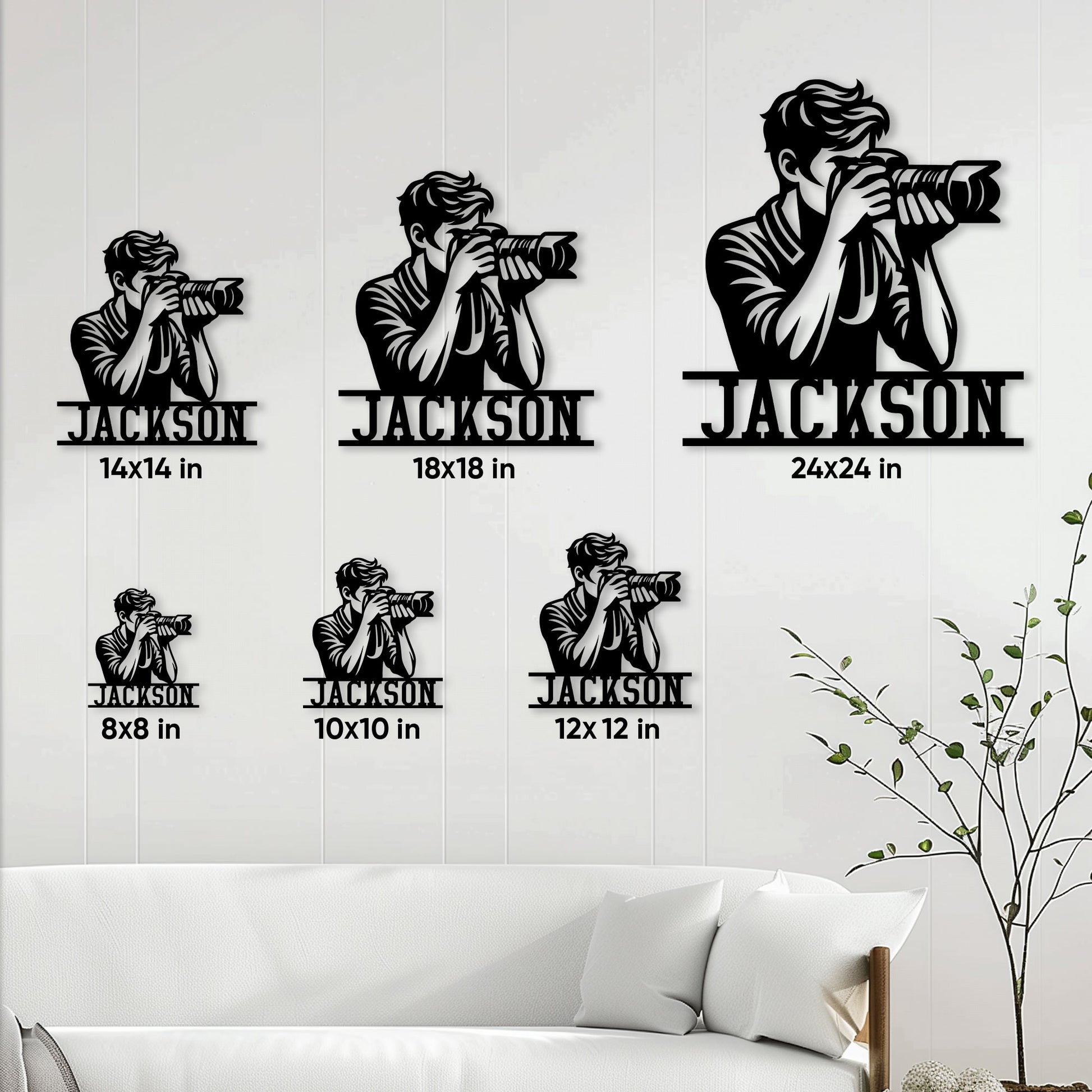 Photographer metal sign size guide showing multiple square size options in a styled living room