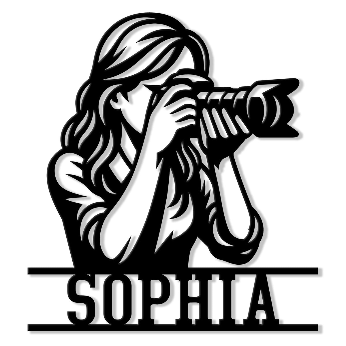 Black silhouette of a woman photographer holding a camera on a custom metal sign
