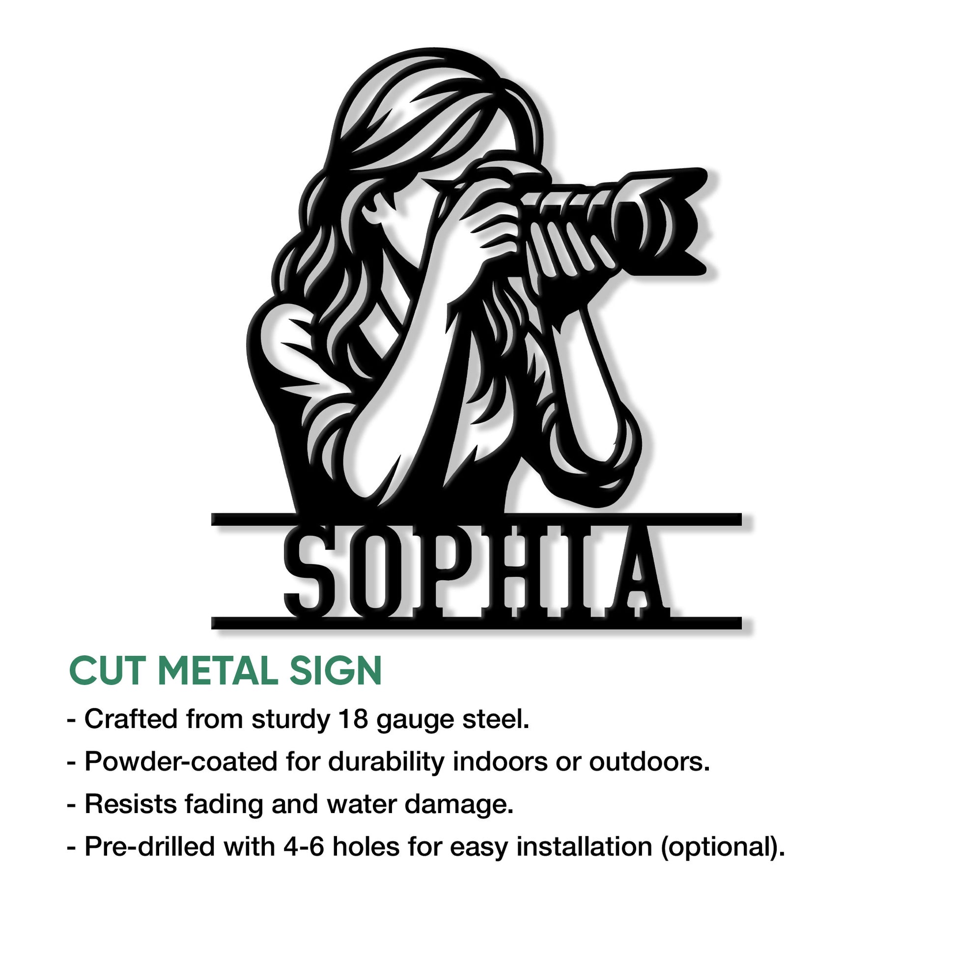 Photographer metal sign showing a bold camera silhouette and cut-metal wall decor design