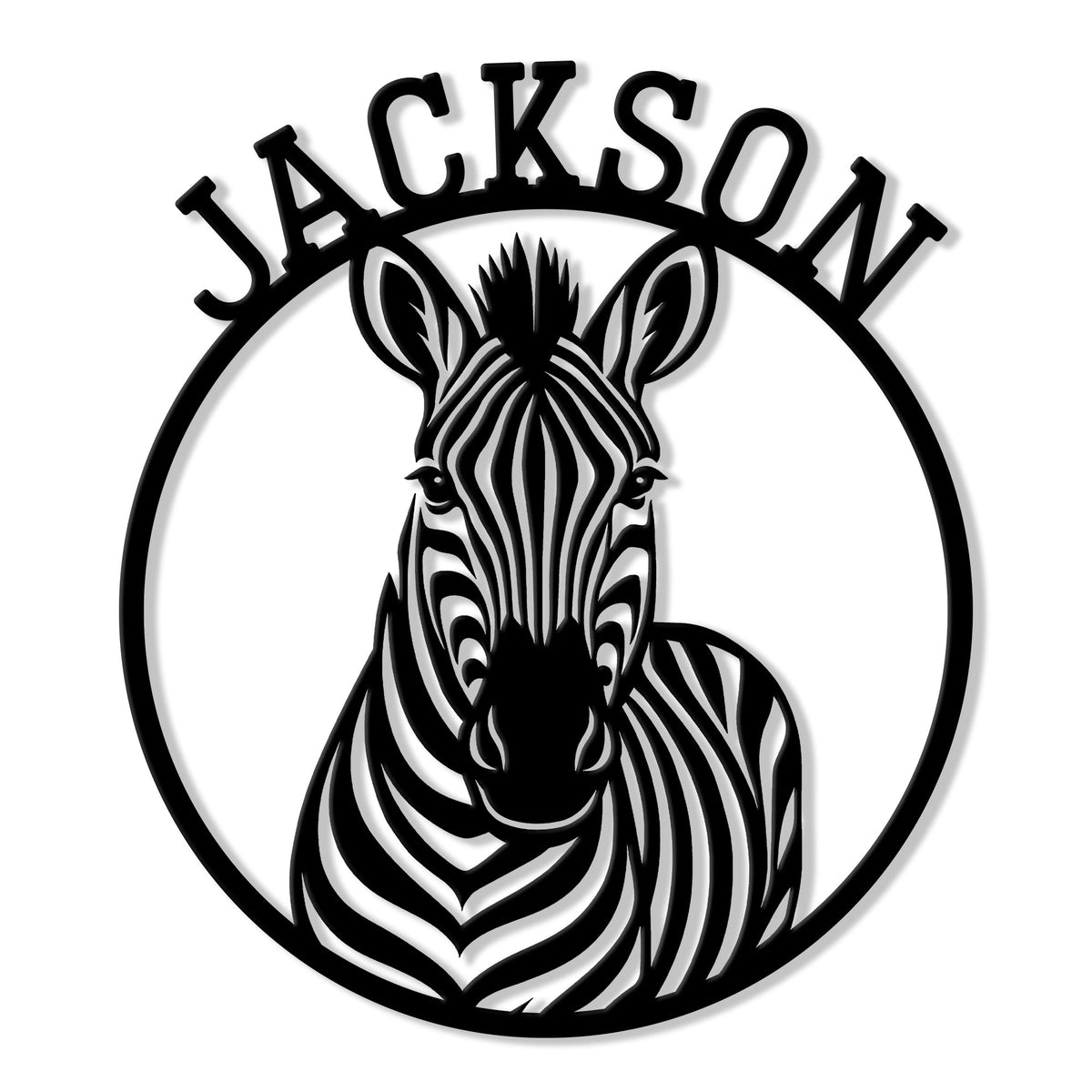 Black cut metal sign featuring a detailed zebra portrait inside a bold circular frame