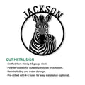 Zebra metal sign shown with cut-metal construction and indoor or outdoor display features