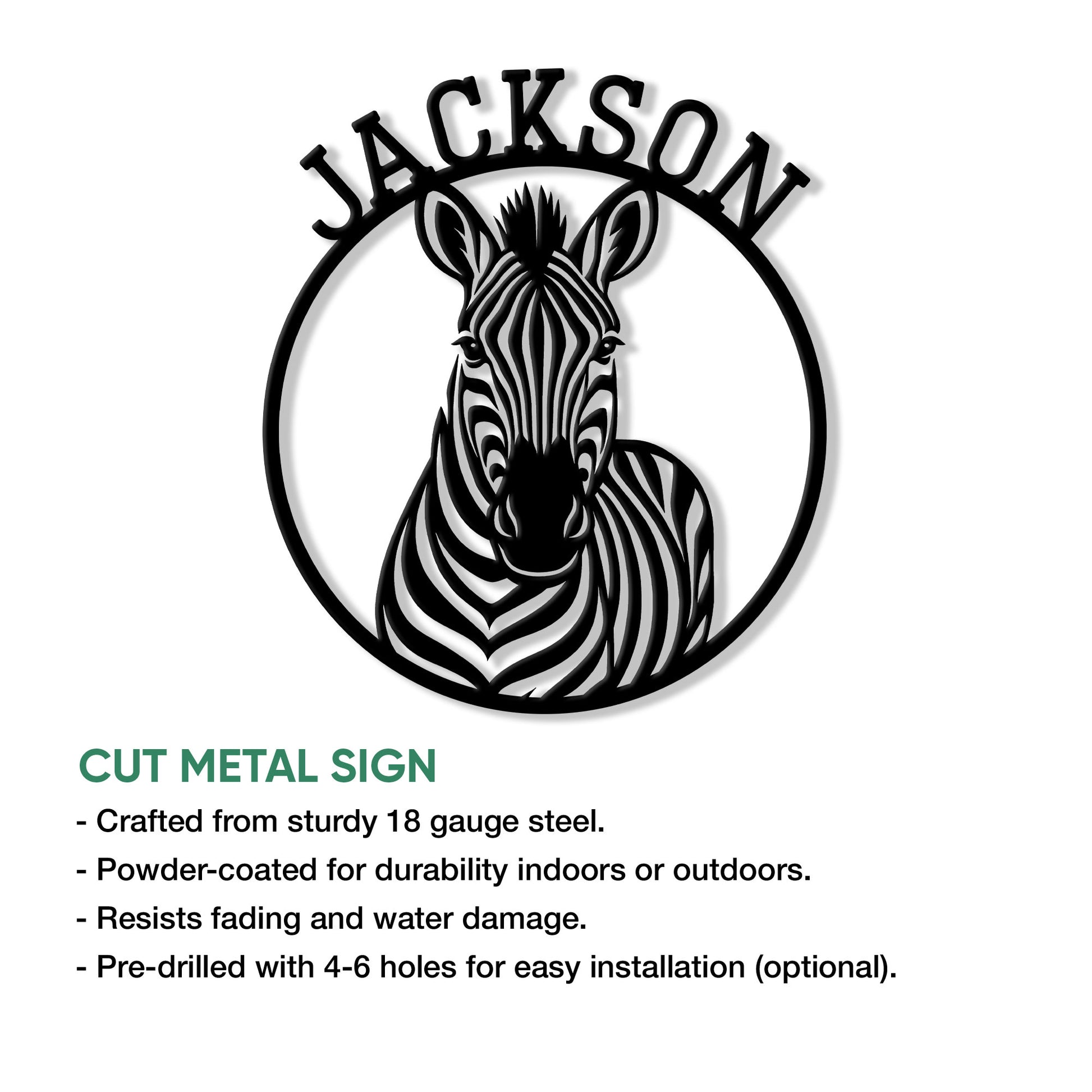 Zebra metal sign shown with cut-metal construction and indoor or outdoor display features