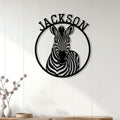 Zebra wall decor displayed on white paneled walls above a console in a bright home
