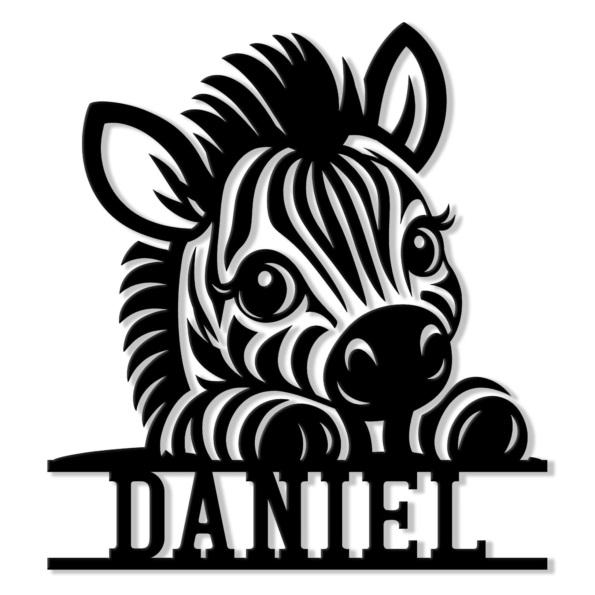 Playful zebra head metal sign with a bold black silhouette and custom design for animal-themed decor