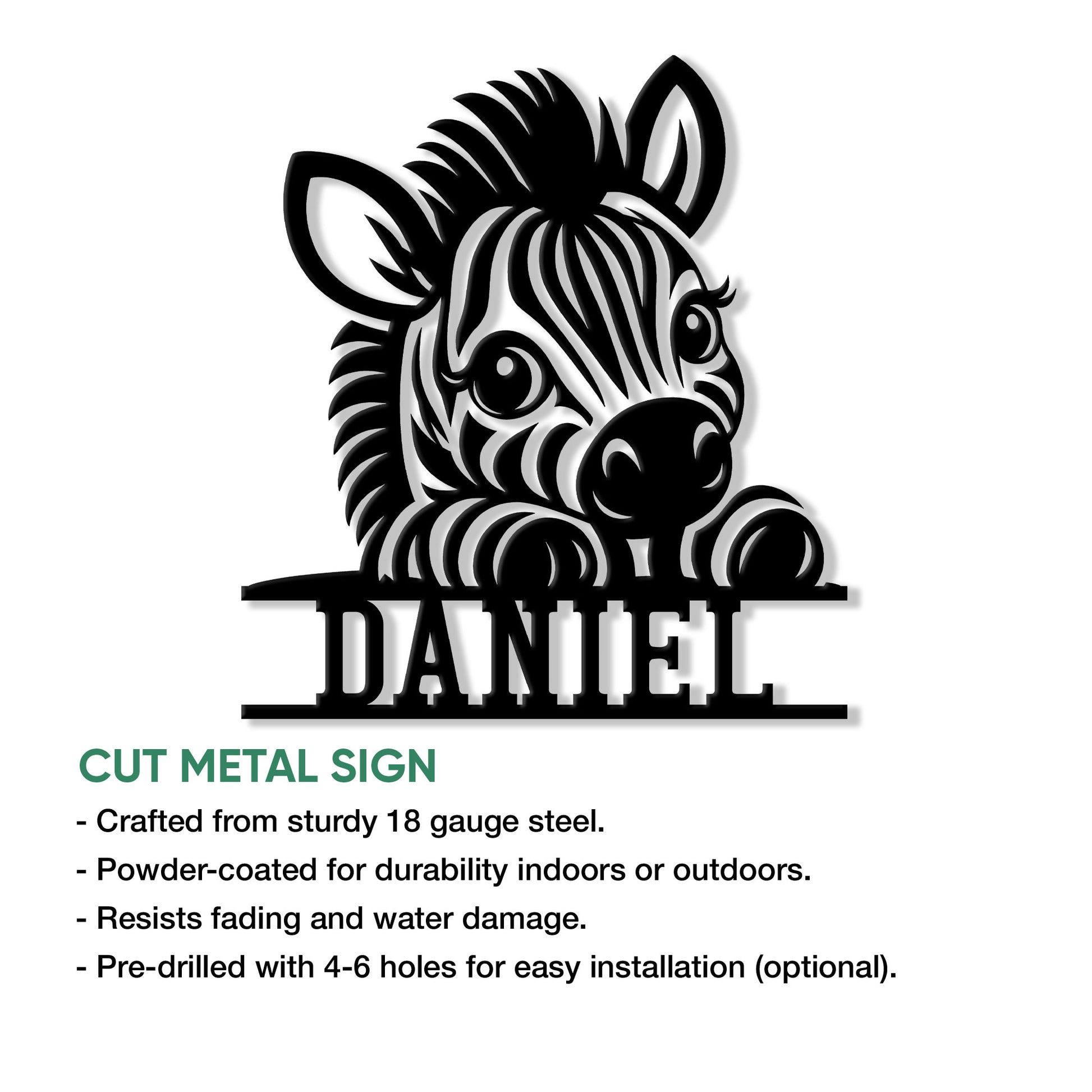Close view of a cut metal zebra sign showcasing the whimsical striped animal artwork
