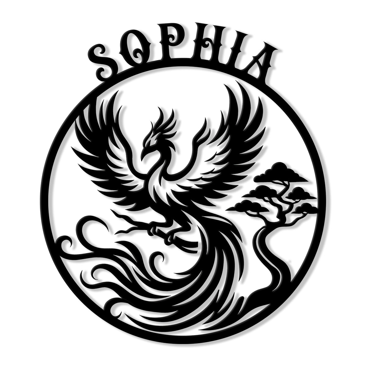 Phoenix metal sign featuring a dramatic rising bird, swirling flames, and a circular silhouette design