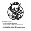 Cut metal Phoenix sign shown with a bold black silhouette, sweeping wings, flames, and ornamental tree detail