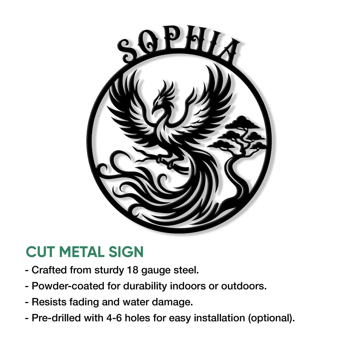 Cut metal Phoenix sign shown with a bold black silhouette, sweeping wings, flames, and ornamental tree detail