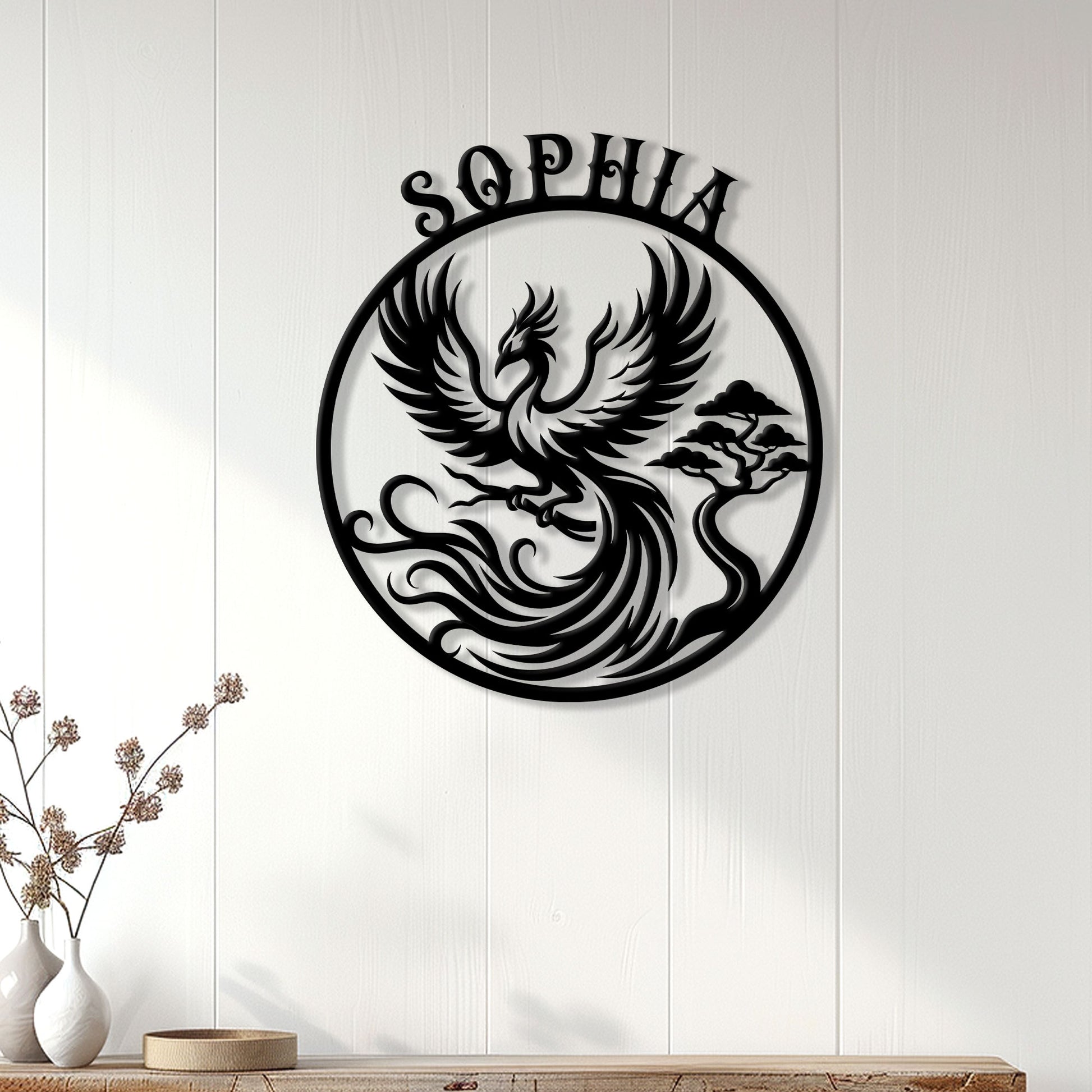 Phoenix wall decor displayed on a light paneled wall above a console in a modern home interior