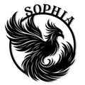 Bold phoenix silhouette metal sign featuring sweeping wings, curled tail feathers, and a circular frame