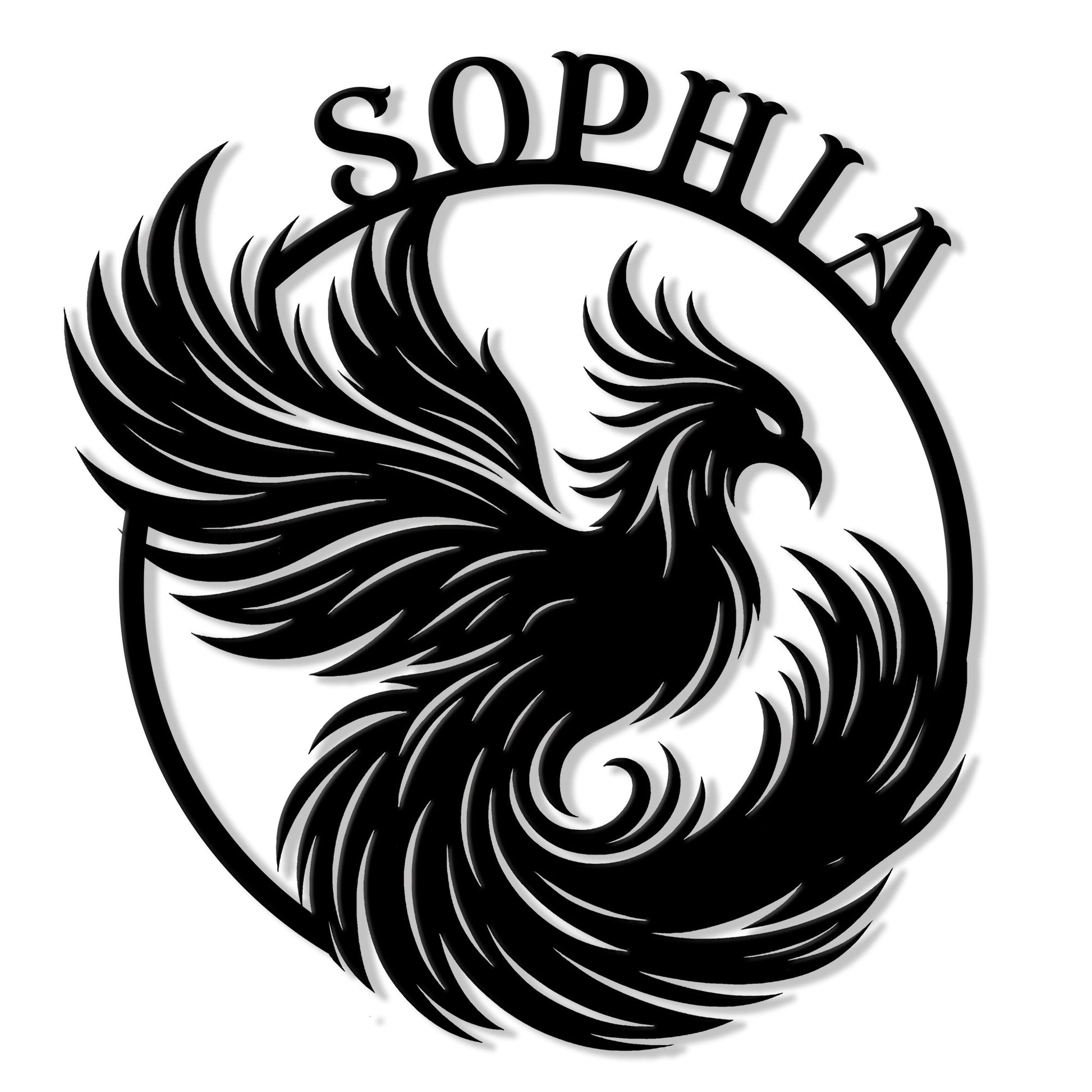 Bold phoenix silhouette metal sign featuring sweeping wings, curled tail feathers, and a circular frame