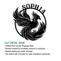 Cut metal phoenix sign shown in a product feature graphic with a dramatic black silhouette design