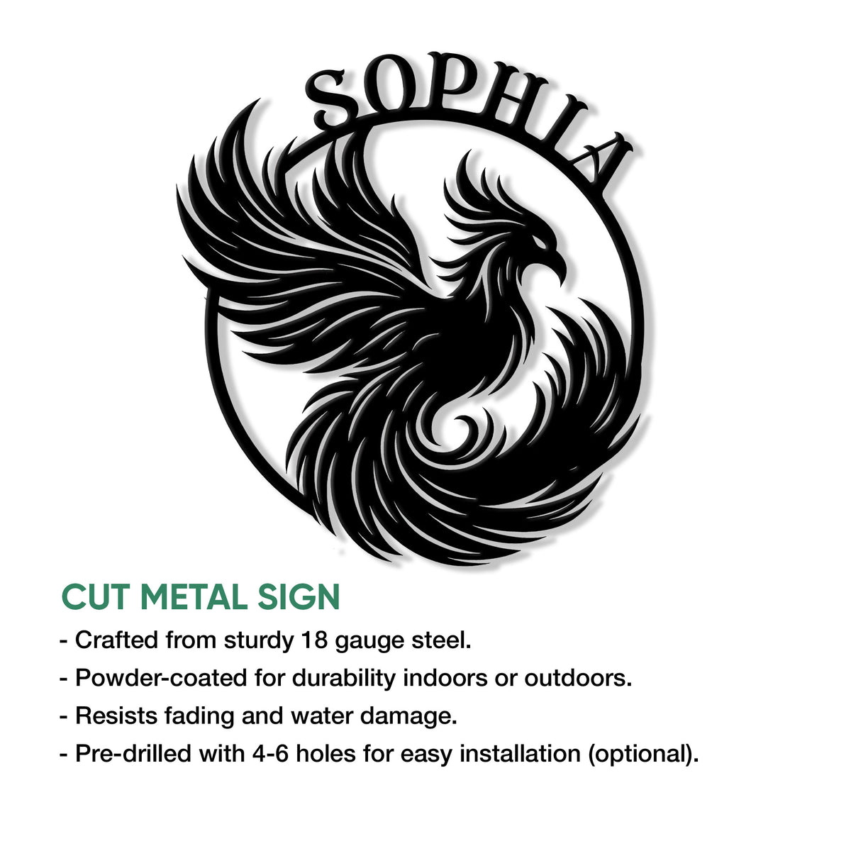 Cut metal phoenix sign shown in a product feature graphic with a dramatic black silhouette design