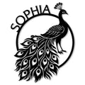 Black peacock metal sign featuring an ornate fanned tail, elegant bird silhouette, and circular wall decor design