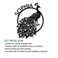 Peacock cut metal sign feature graphic showing the detailed bird silhouette and decorative tail design