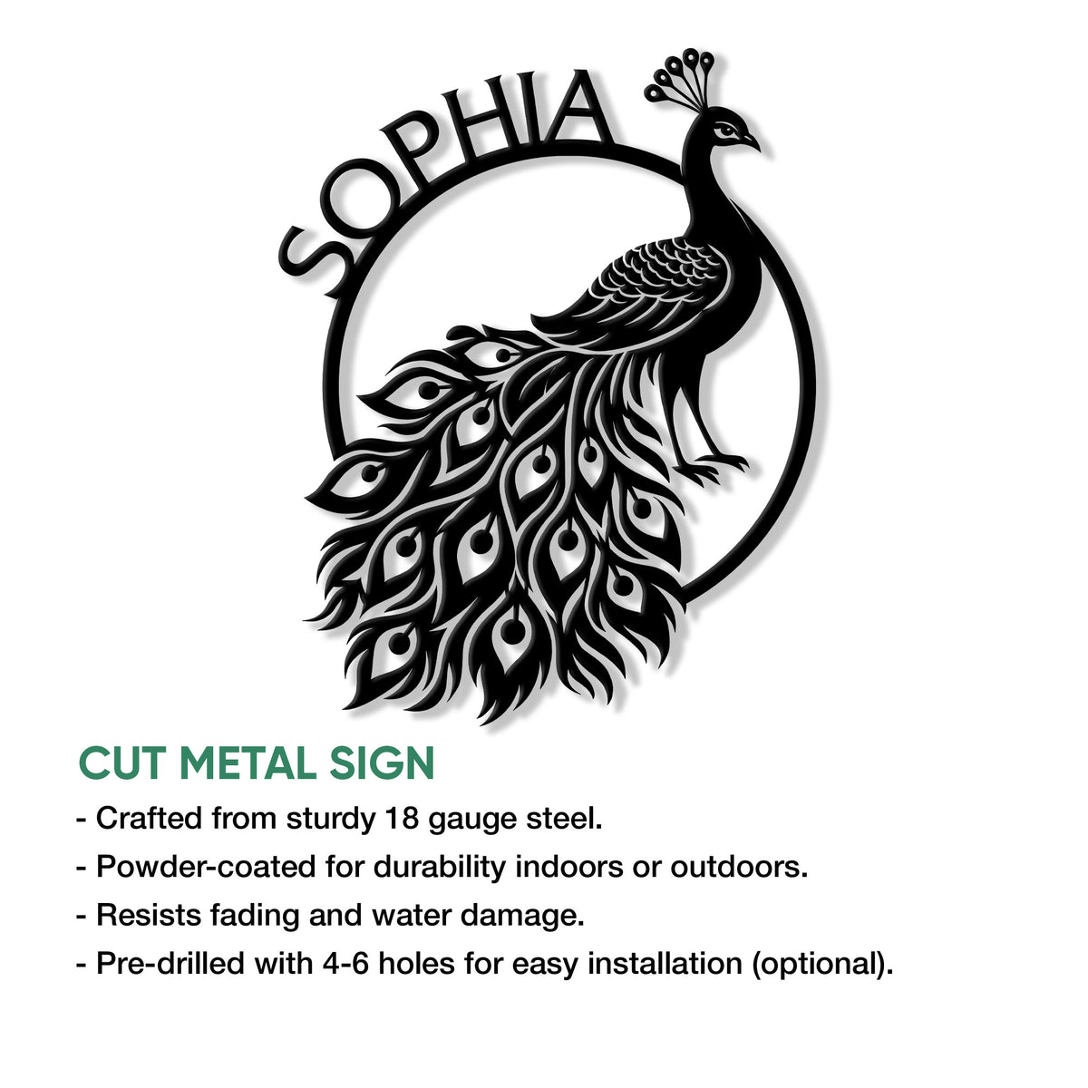 Peacock cut metal sign feature graphic showing the detailed bird silhouette and decorative tail design