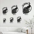 Peacock metal sign size guide comparing square options from 8 by 8 inches to 24 by 24 inches