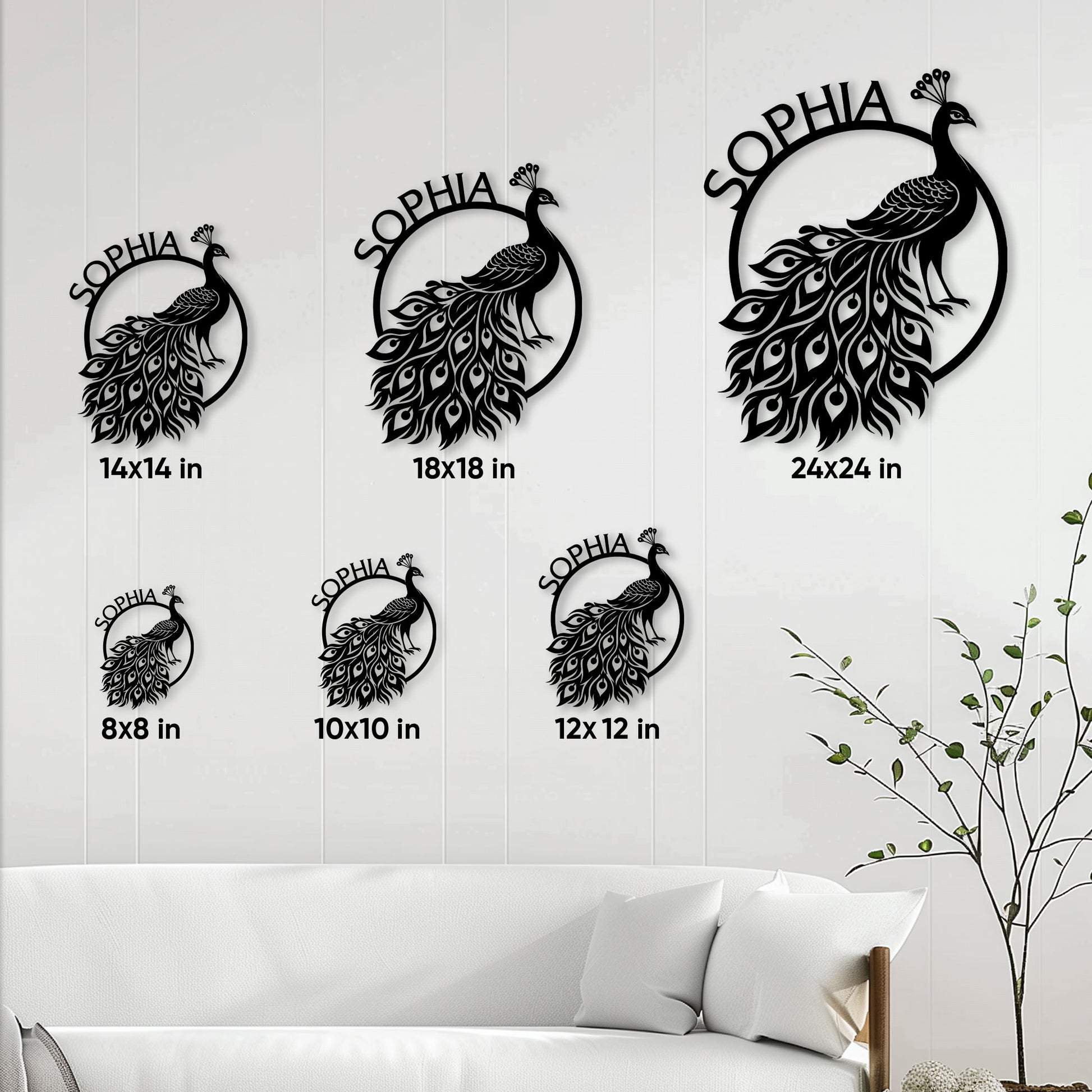 Peacock metal sign size guide comparing square options from 8 by 8 inches to 24 by 24 inches