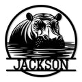 Custom hippo metal sign featuring a detailed hippopotamus resting in water within a circular design