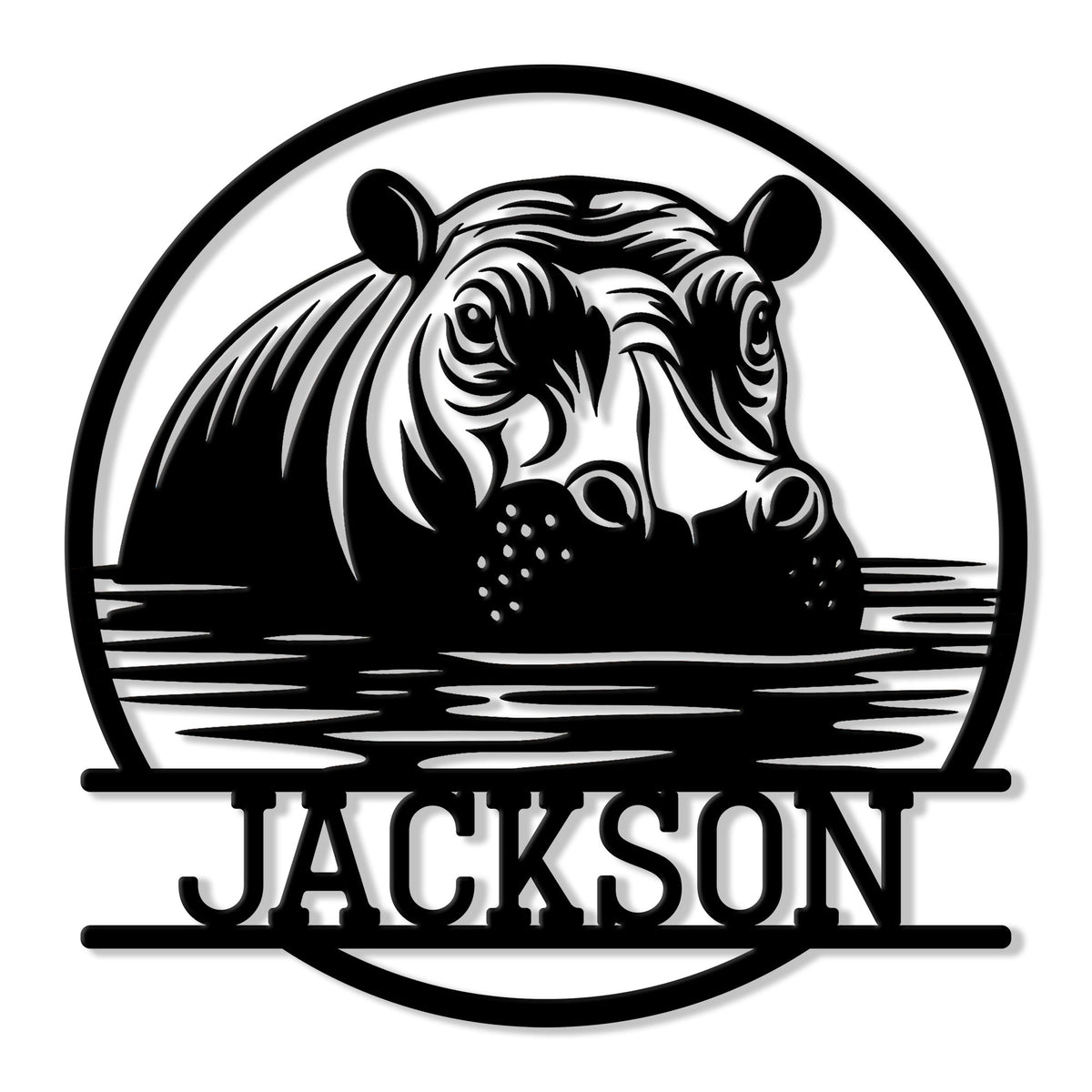 Custom hippo metal sign featuring a detailed hippopotamus resting in water within a circular design