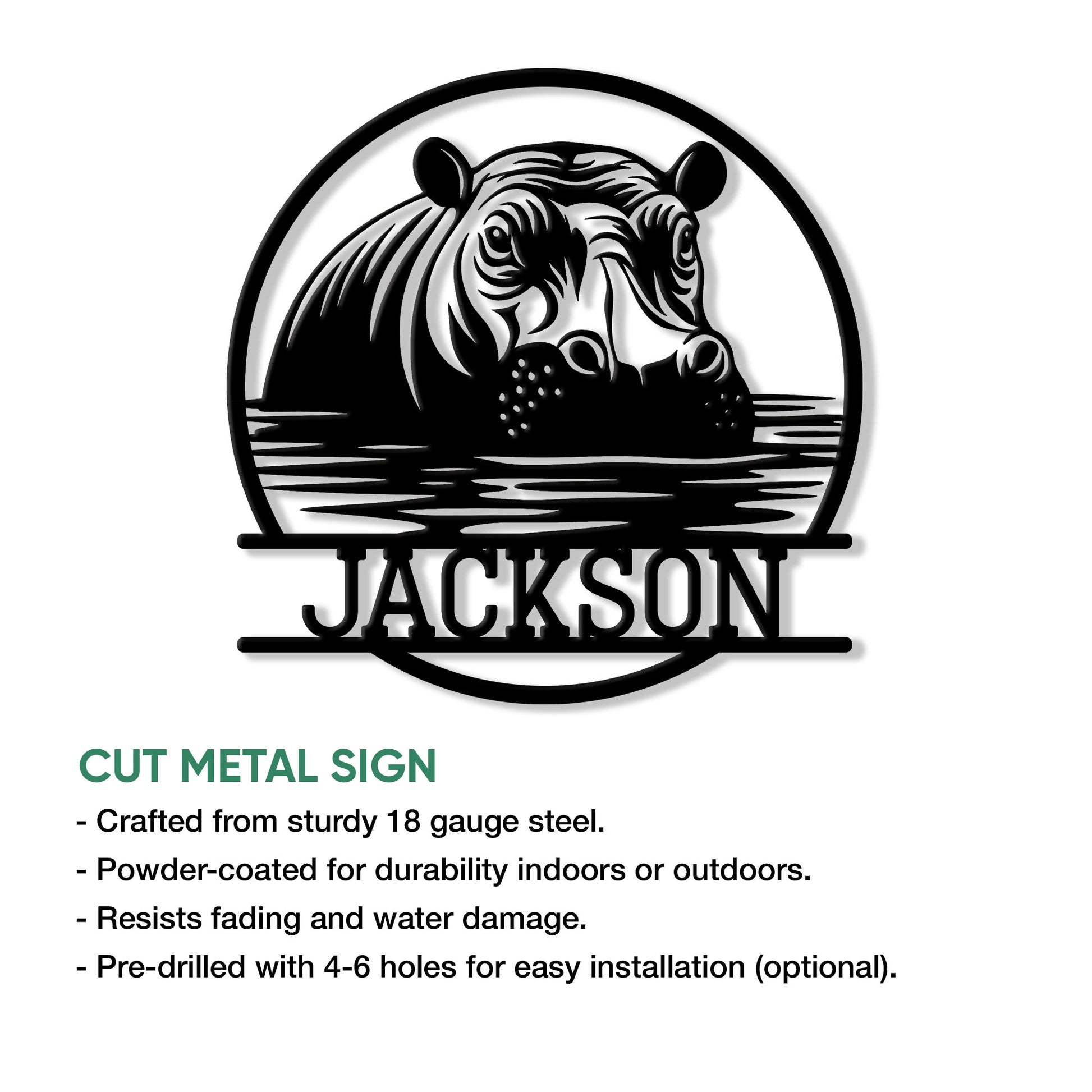 Hippo wall sign shown as a cut metal design with a bold wildlife silhouette and water scene