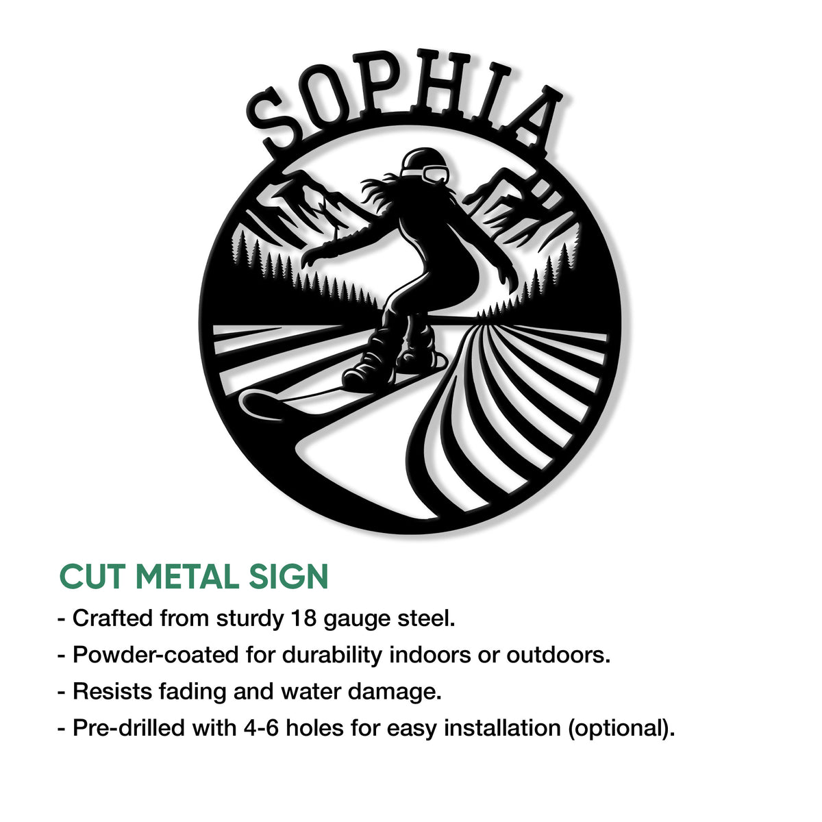 Snowboarding metal sign shown with a cut-metal construction and an action silhouette against mountain scenery