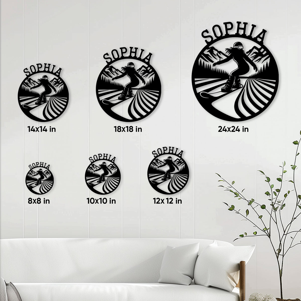 Snowboarding metal sign size guide showing available square sizes from 8 by 8 to 24 by 24 inches