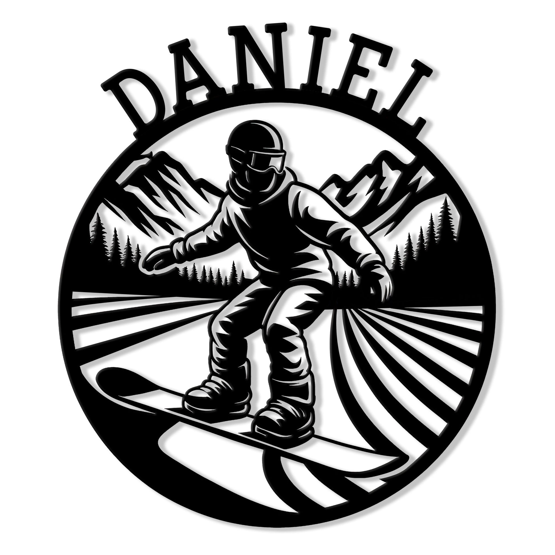 Circular snowboarding metal sign featuring a snowboarder carving through mountain peaks and pine trees