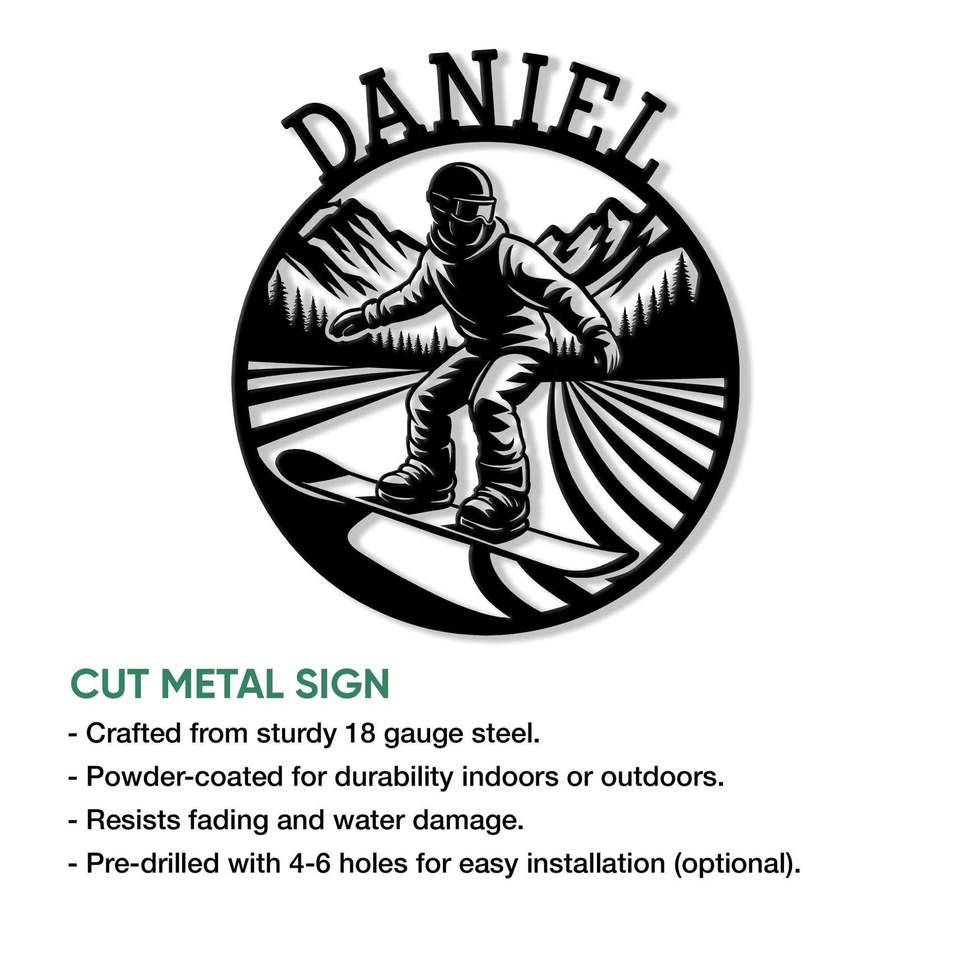 Snowboarder metal sign shown with a mountain scene, radiating trail lines, and circular cut design