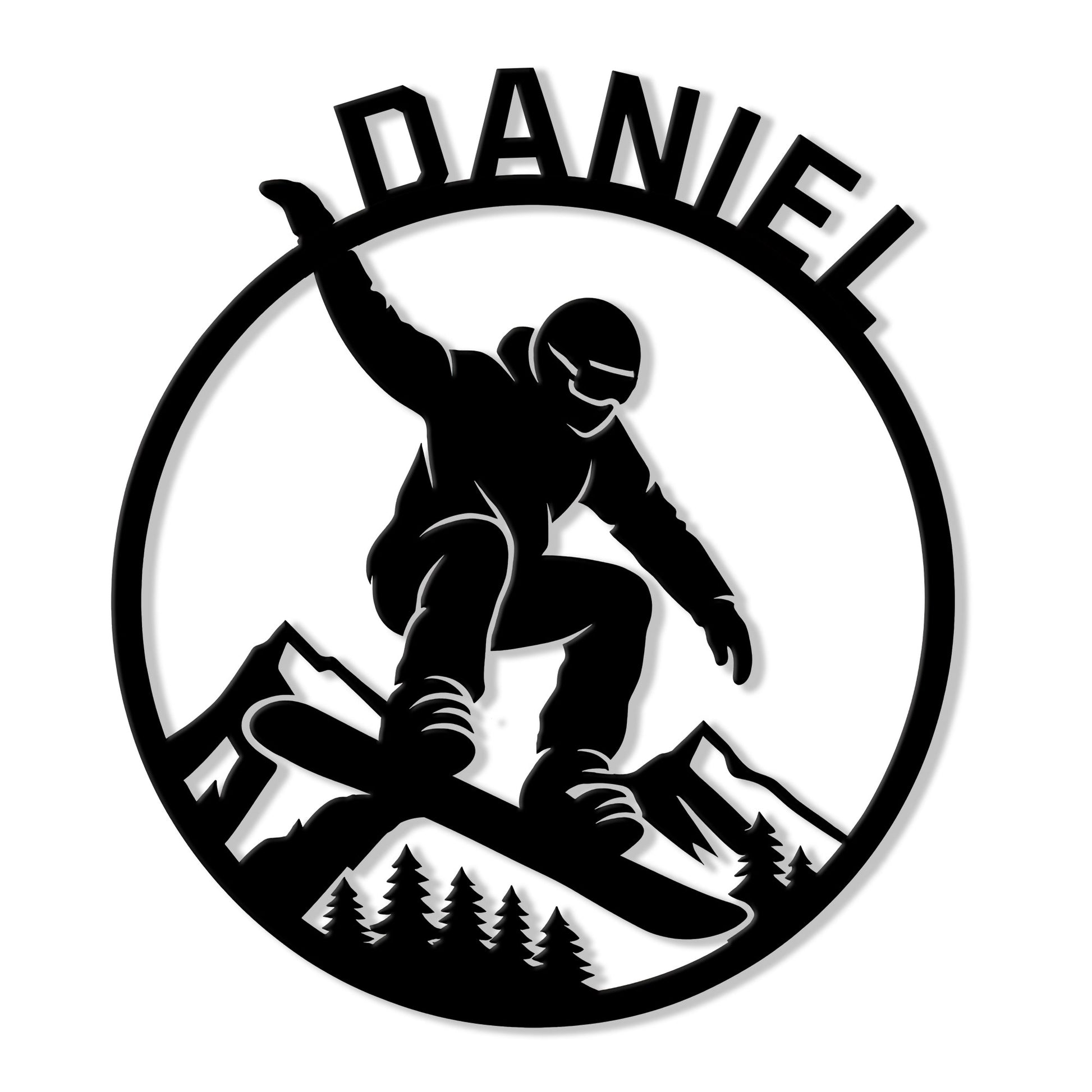 Black snowboarding metal sign featuring a rider carving through mountain peaks and evergreen trees