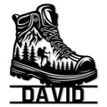 Custom hiking boot metal sign featuring mountain peaks, pine trees, and a backpacker silhouette