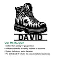Hiking boot cut metal sign shown with product feature details for indoor or outdoor display