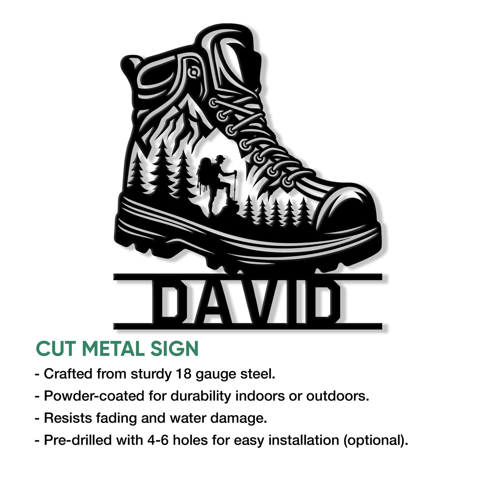 Hiking boot cut metal sign shown with product feature details for indoor or outdoor display