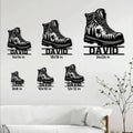 Hiking boot metal sign size guide showing multiple available dimensions in a home setting