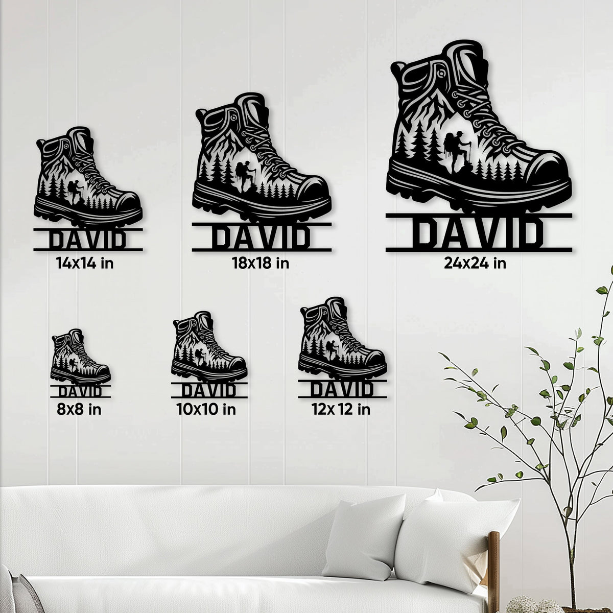 Hiking boot metal sign size guide showing multiple available dimensions in a home setting