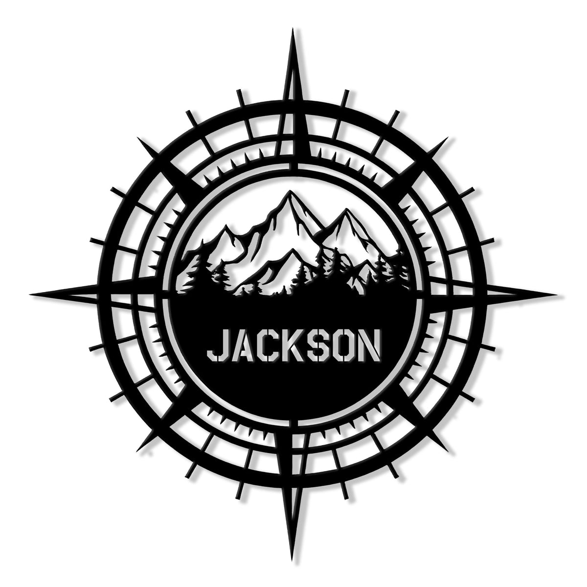 Custom hiking metal sign with a compass design, mountain peaks, and evergreen forest silhouette