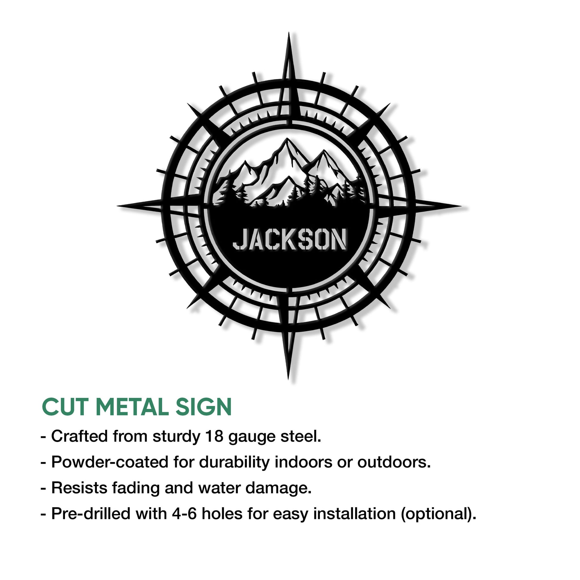 Mountain hiking compass metal sign shown in a cut-metal product feature presentation